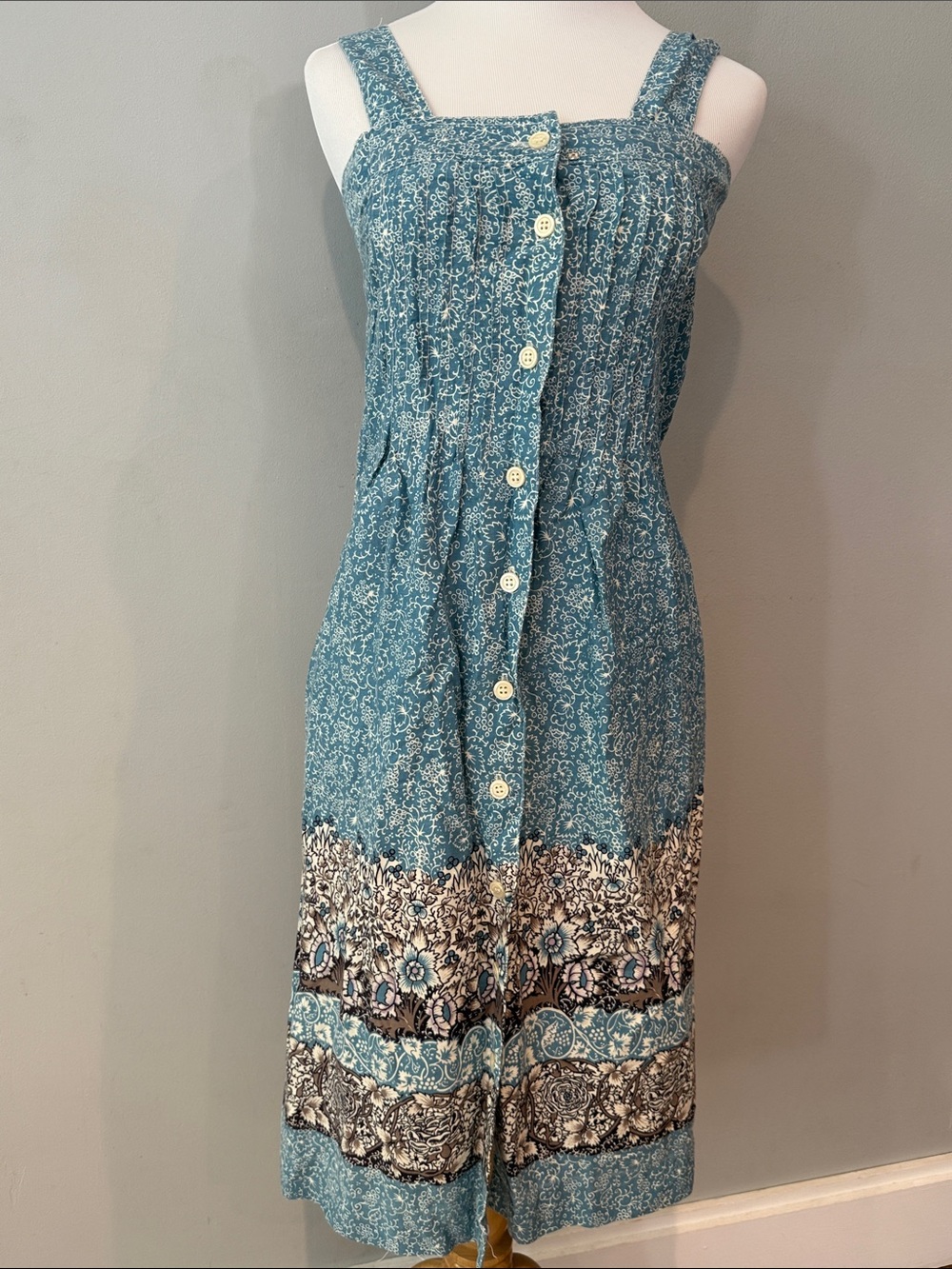 Vintage Blue Floral Button-Down Sundress with brown Border Print- xs